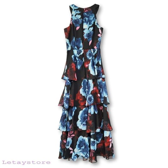 NWT S.L.Fashions Sleeveless Floral Print Flowing Ruffle Tiered Party Maxi Dress - Picture 5 of 5
